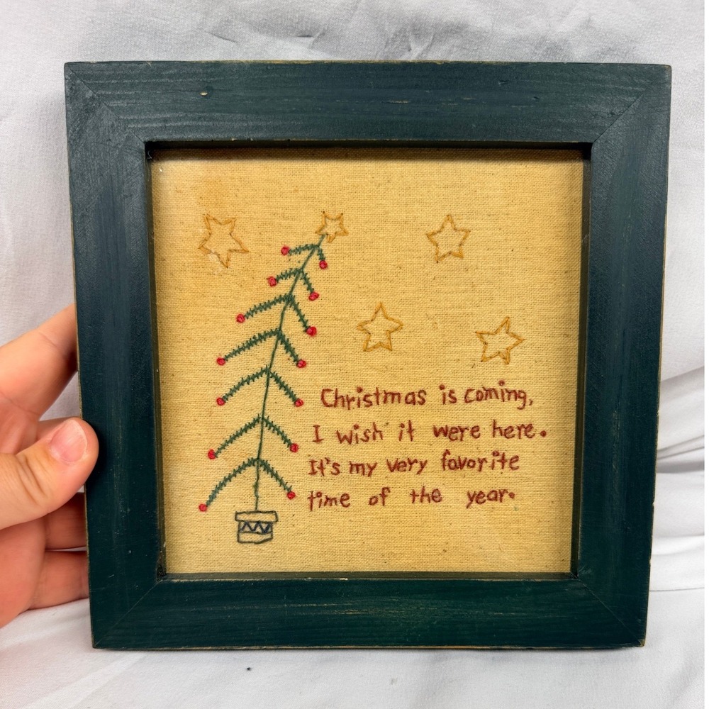 Lisa Johnson Hand Stitched Christmas Tree Embroidery Green Wood Frame Wall Art